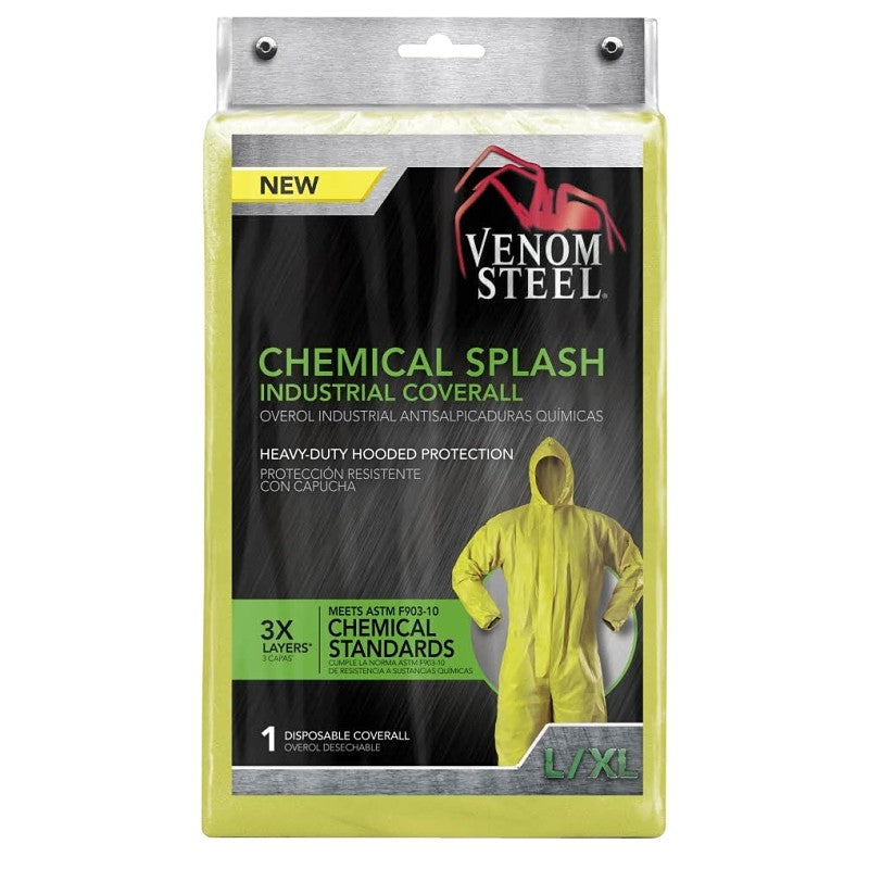 Venom Steel VENCV400 Chemical Splash Coveralls, L, XL, Unisex, Zipper, Polyethylene/Polypropylene, Yellow
