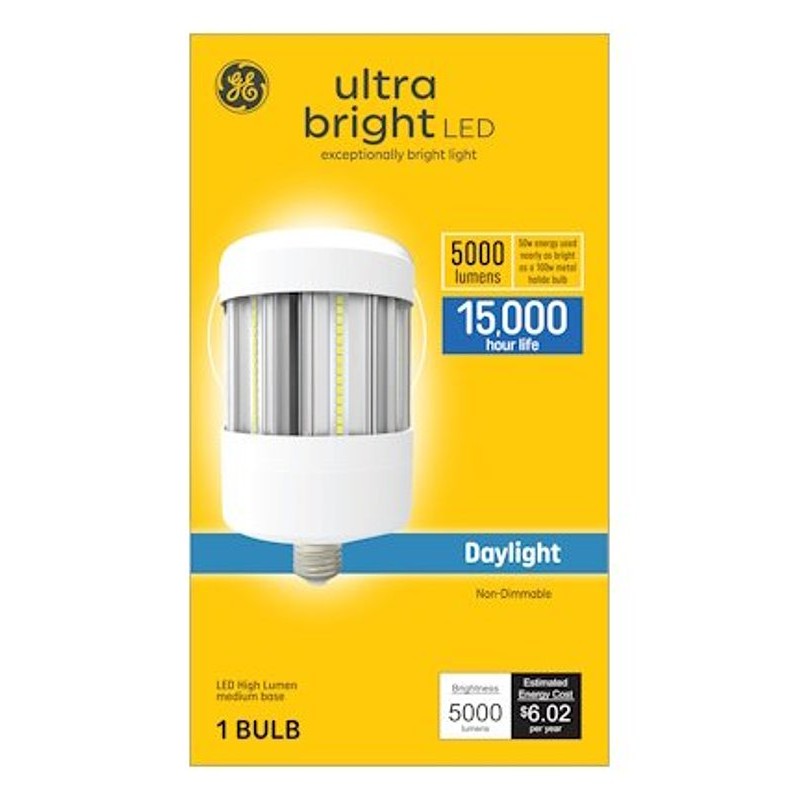 GE 93130943 LED Light Bulb, Ultra-Bright, Corncob Lamp, 400 W Equivalent, E26 Medium Lamp Base, Non-Dimmable, Daylight