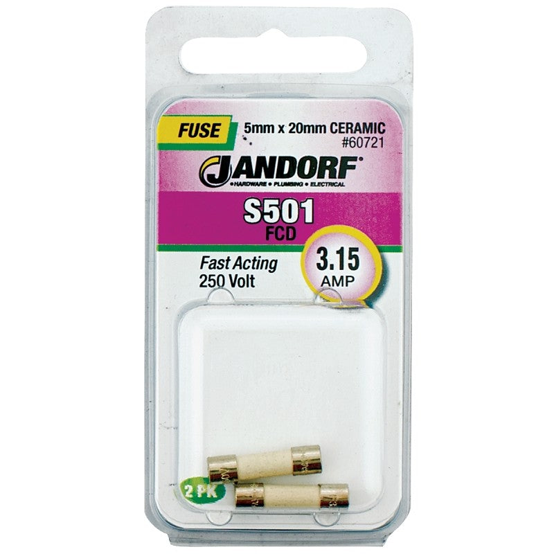 Jandorf 60721 Fast Acting Fuse, 0.03 Ohm, 3.15 A, 250 V, 1500 A Interrupt, Ceramic Body