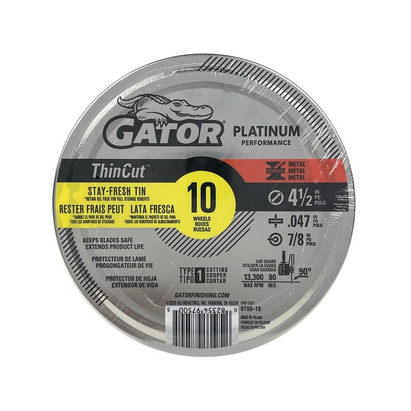 Gator 975010 Cut-Off Wheel, 4-1/2 in Dia, 0.047 in Thick, 7/8 in Arbor, Aluminum Oxide Abrasive