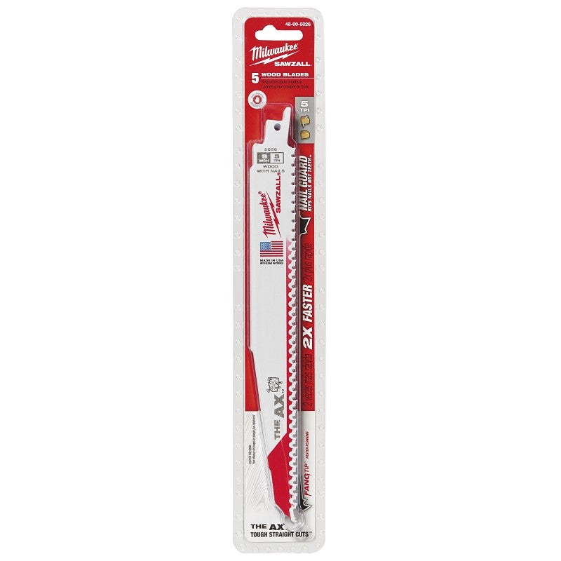 Milwaukee 48-00-5026 Reciprocating Saw Blade, 1 in W, 9 in L, 5 TPI, Bi-Metal Cutting Edge