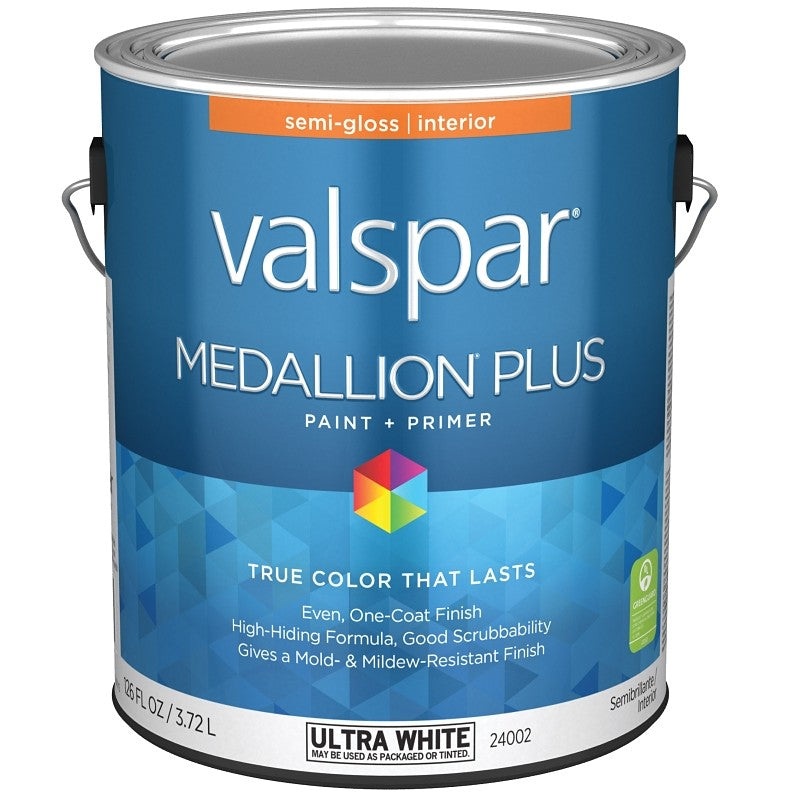 Valspar Medallion Plus 2700 028.0024002.007 Latex Paint, Acrylic Base, Semi-Gloss Sheen, Ultra White Base, 1 gal (Pack of 4)