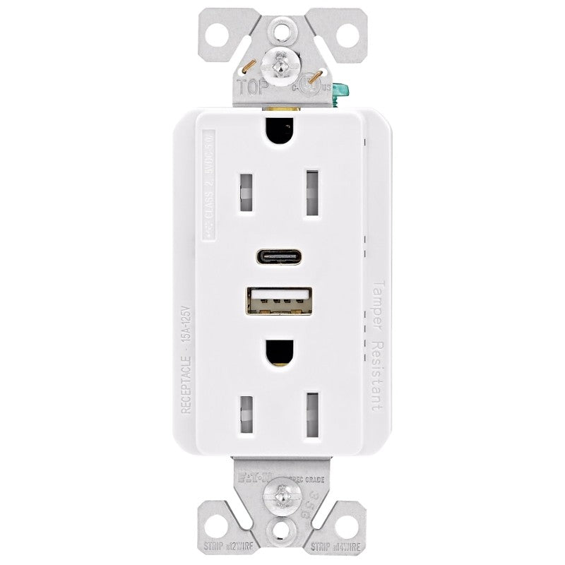 Eaton Cooper Wiring TRUSBAC15 TRUSBAC15W-K-L Receptacle, 2 -Pole, 5 A, 125 VAC, 2 -USB Port, Type A, C USB, White