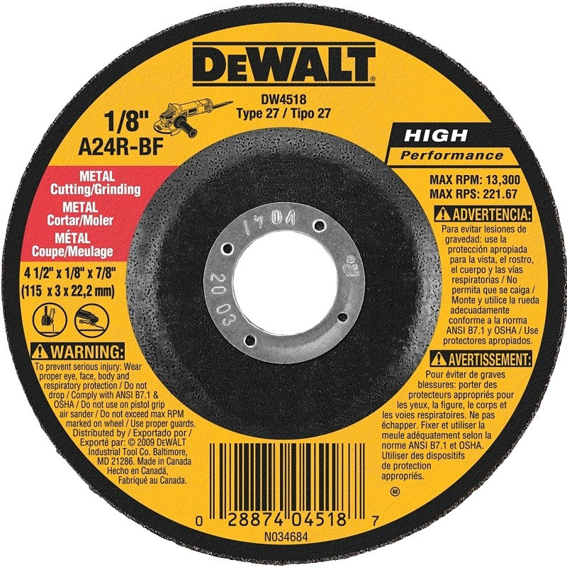 DEWALT DW4518 Grinding Wheel, Applicable Materials: Metal, 4-1/2 in Dia, 1/8 in Thick, 7/8 in Arbor, 24 Grit