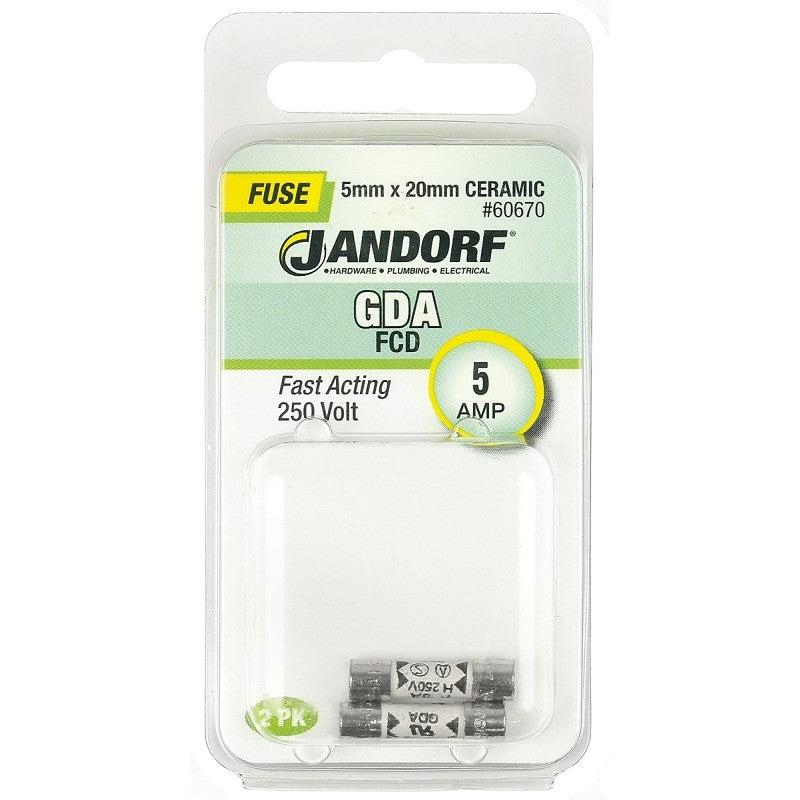 Jandorf 60670 Fast Acting Fuse, 0.01 Ohm, 5 A, 250 V, 1500 A Interrupt, Ceramic Body, 5 mm Dia