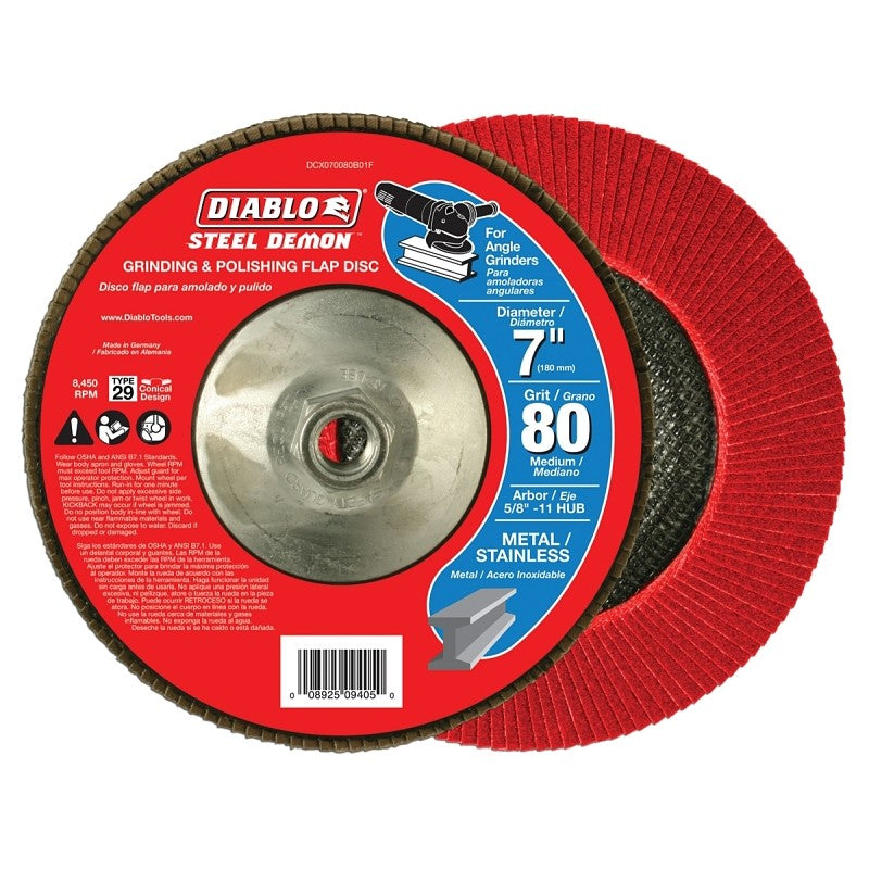 Diablo Steel Demon DCX070080B01F Flap Disc with Hub, 7 in Dia, 5/8-11 Arbor, 80 Grit, Medium, Zirconia Abrasive