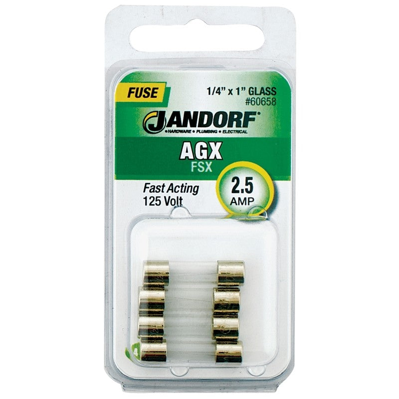 Jandorf 60658 Fast Acting Fuse, 2.5 A, 125 V, 100 A, 10 kA Interrupt, Glass Body