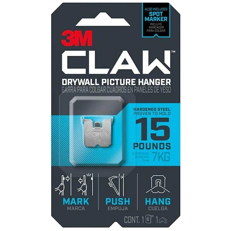 3M CLAW 3PH15M-1ES Drywall Picture Hanger, 15 lb, Steel, Push-In, 1/PK (Pack of 4)