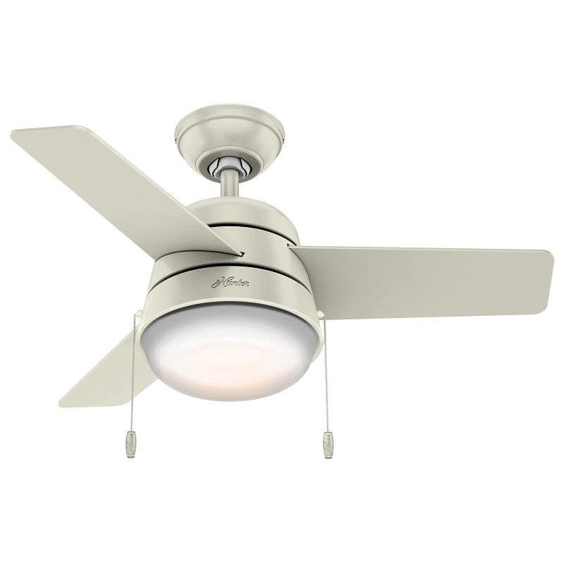 Hunter Aker Series 59301 Ceiling Fan, 3-Blade, Fresh White Housing, Fresh White/Natural Wood Blade, 36 in Sweep