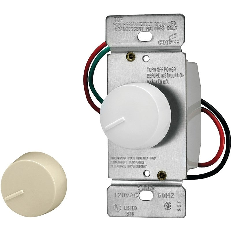 Eaton Wiring Devices RI306P-VW-K2 Rotary Dimmer, 20 A, 120 V, 600 W, 3-Way, Ivory/White