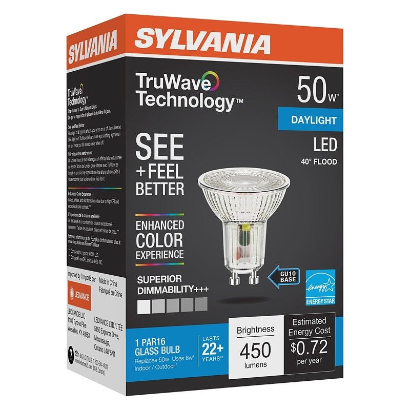 Sylvania 40933 Natural LED Bulb, Spotlight, PAR16 Lamp, GU10 Lamp Base, Dimmable, Daylight Light, 5000 K Color Temp