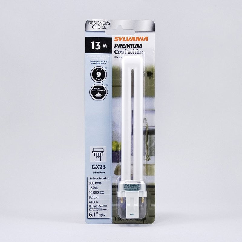 Sylvania 20403 Compact Fluorescent Bulb, 13 W, T12 Lamp, GX23 Lamp Base, 688 Lumens, 4100 K Color Temp, Cool White Light