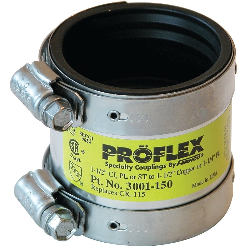 Fernco P3001-150 Transition Shielded Coupling, 1-1/2 x 1-1/2, 1-1/4 in, PVC, SCH 40 Schedule, 4.3 psi Pressure