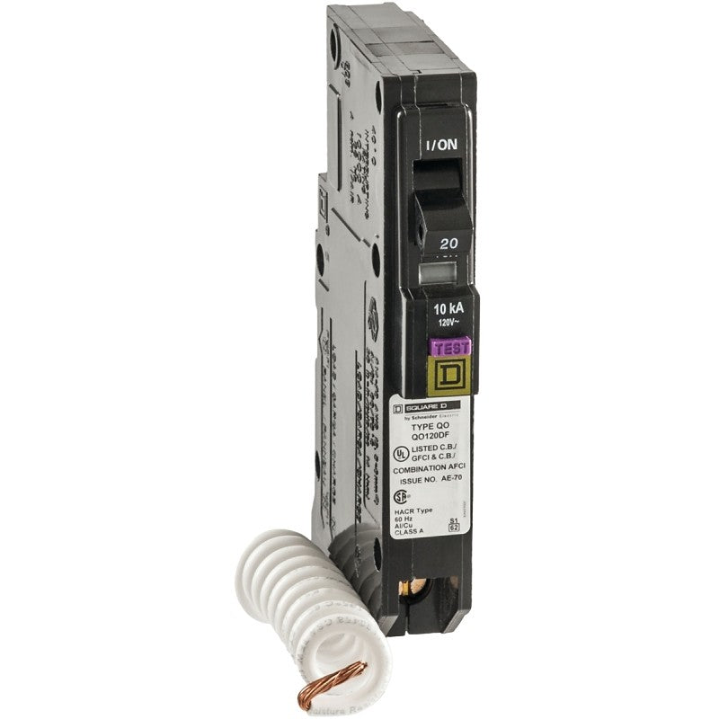 Square D QO120DFC Circuit Breaker, CAFCI, Mini, 20 A, 1-Pole, Plug, 120 V