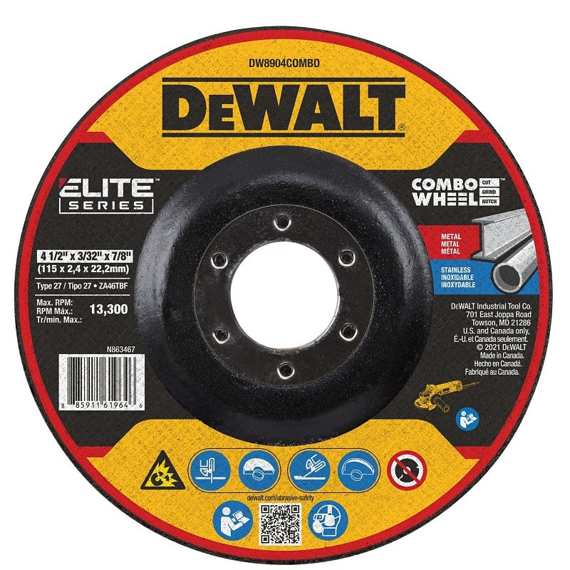 DEWALT ELITE Series DW8904COMBO Cutting Wheel, 4-1/2 in Dia, 0.093 in Thick, 7/8 in Arbor, 24 Grit, Ceramic Abrasive