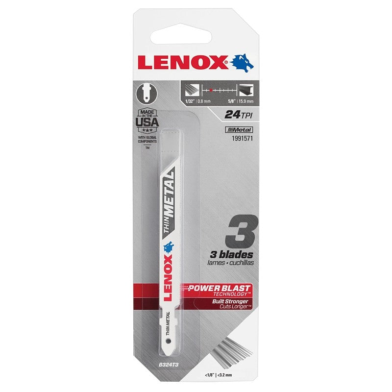 Lenox 1991571 Jig Saw Blade, 3/8 in W, 3-5/8 in L, 24 TPI, 0.037 in Thick, 3/PK