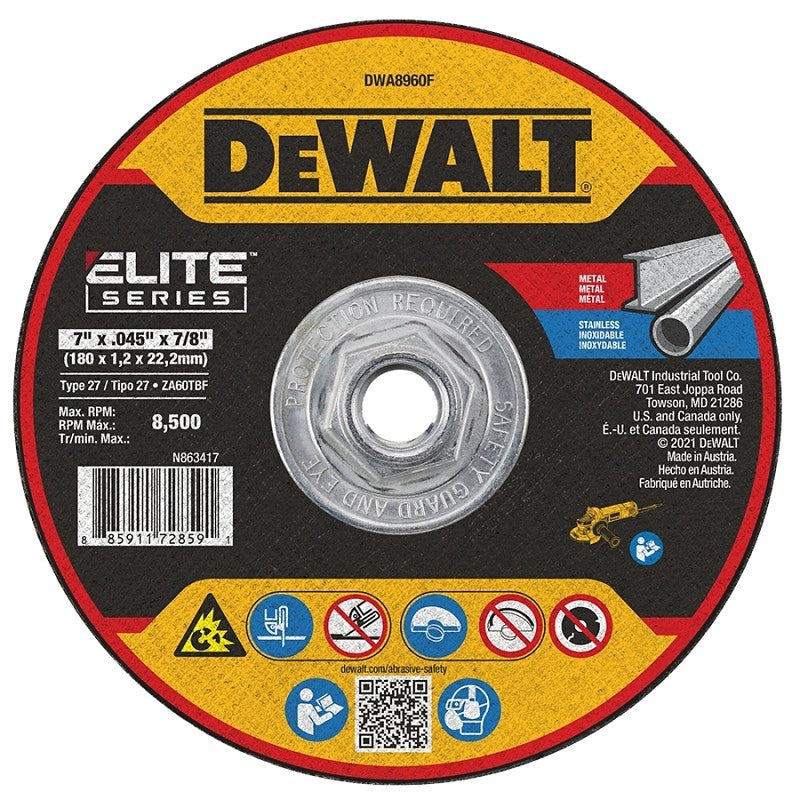 DEWALT ELITE Series DWA8960F Cutting Wheel, 7 in Dia, 0.045 in Thick, 7/8 in Arbor, Zirconia Alumina Abrasive, 60 Grit