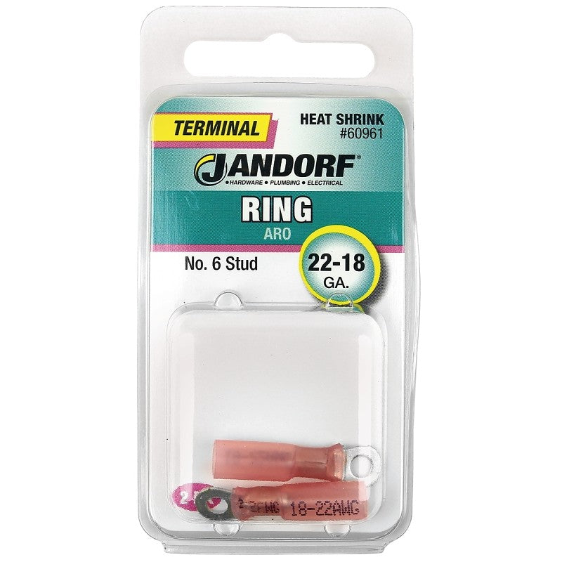 Jandorf 60961 Ring Terminal, 22 to 18 AWG Wire, #6 Stud, Pink