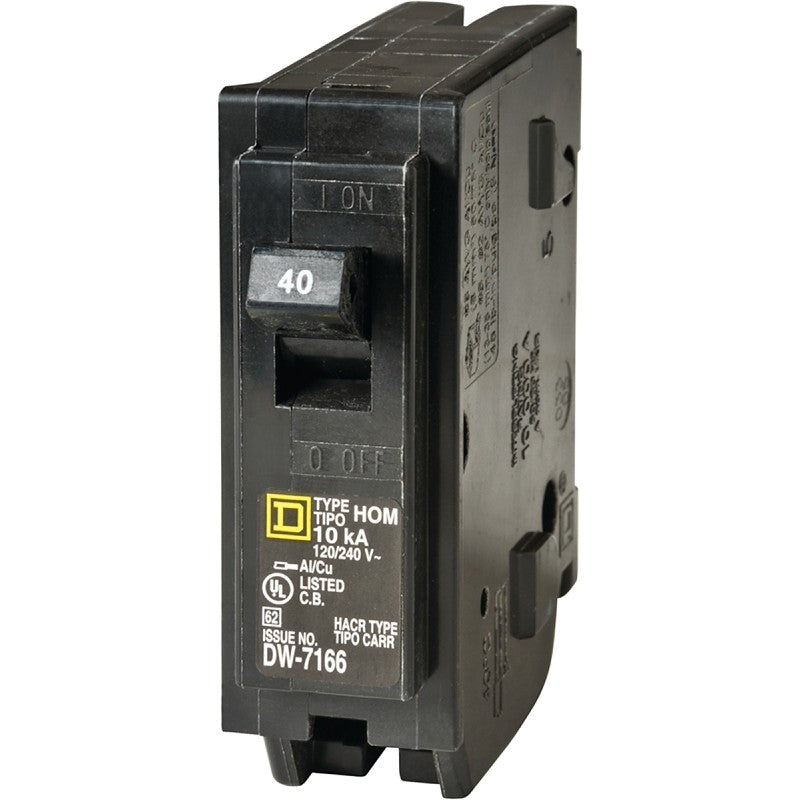 Square D Homeline HOM140CP Circuit Breaker, Mini, 40 A, 1 -Pole, 120 V, Fixed Trip, Plug Mounting, Black