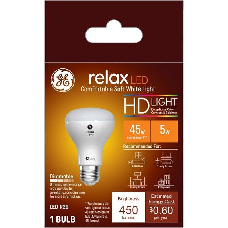 GE 45545 LED Bulb, Flood/Spotlight, R20 Lamp, 45 W Equivalent, E26 Lamp Base, Dimmable, White, Soft White Light