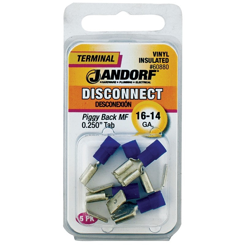 Jandorf 60880 Disconnect Terminal, 16 to 14 AWG Wire, Vinyl Insulation, Copper Contact, Blue, 5/PK
