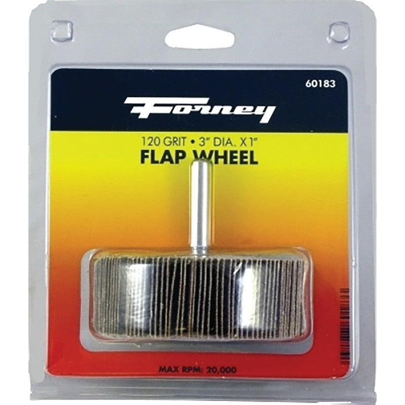 Forney 60183 Flap Wheel, 3 in Dia, 1 in Thick, 1/4 in Arbor, 120 Grit, Aluminum Oxide Abrasive