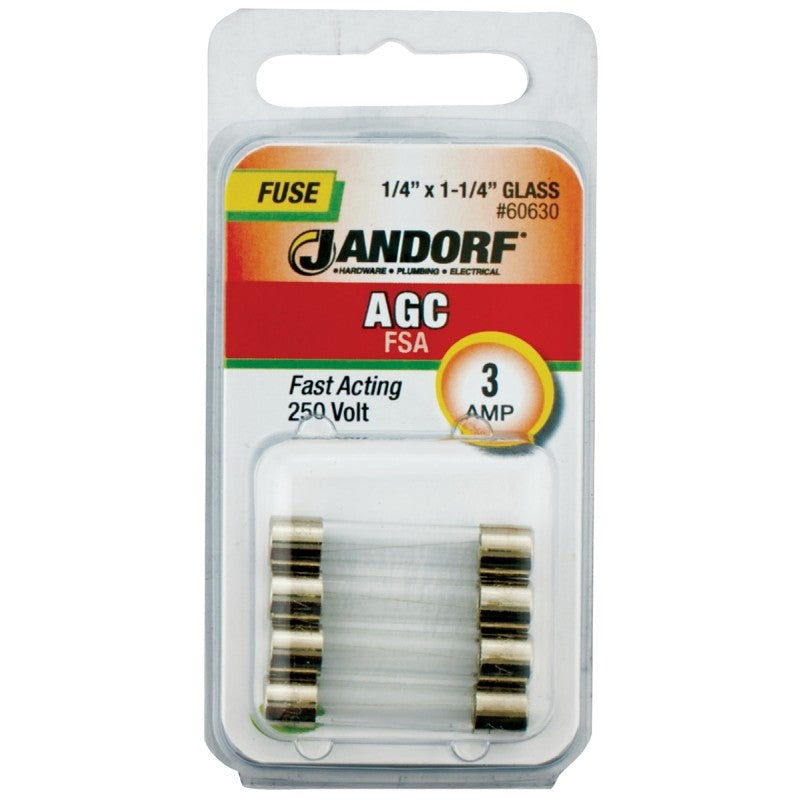 Jandorf 60630 Series Fast Acting Fuse, 0.04 Ohm, 3 A, 250 V, 100 A, 10 kA Interrupt, Glass Body