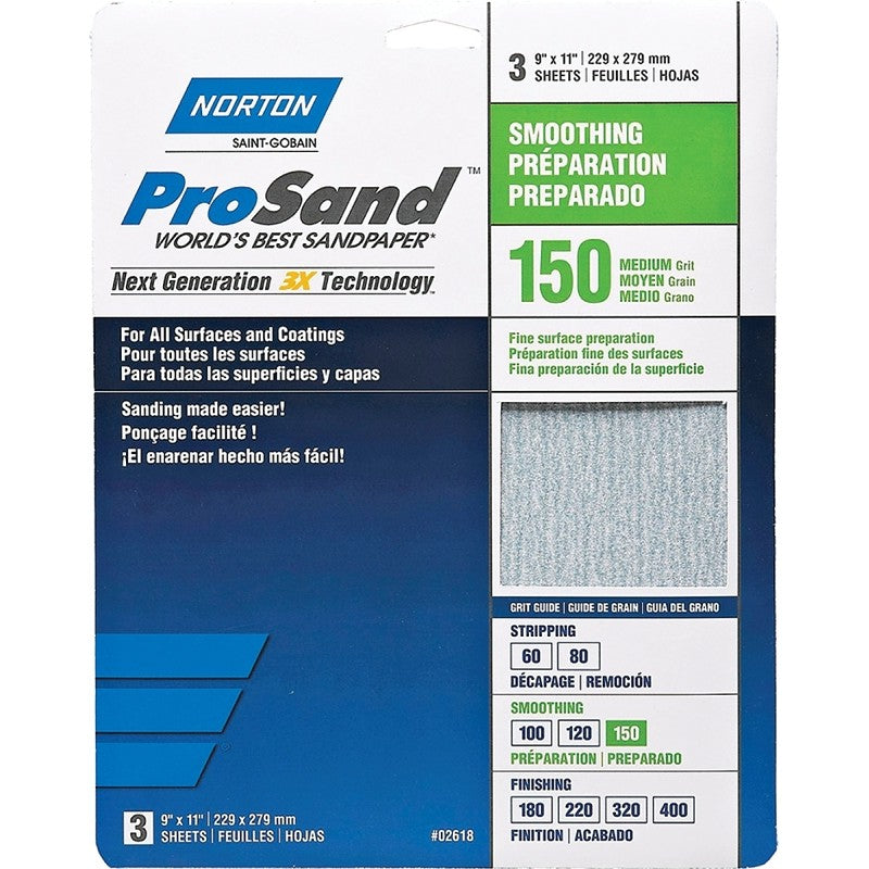 Norton ProSand 07660768160 Sanding Sheet, Tan, 11 in L, 9 in W, Medium, 150 Grit, Aluminum Oxide Abrasive