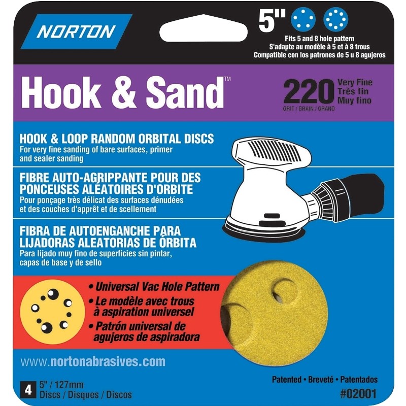 Norton 02001 Sanding Disc, 5 in Dia, Coated, P220 Grit, Very Fine, Aluminum Oxide Abrasive