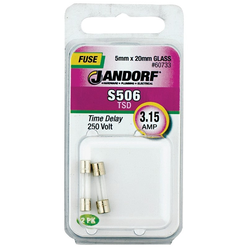 Jandorf 60733 Series Time Delay Fuse, 0.007 Ohm, 3.15 A, 250 V, 35 A Interrupt, Glass Body