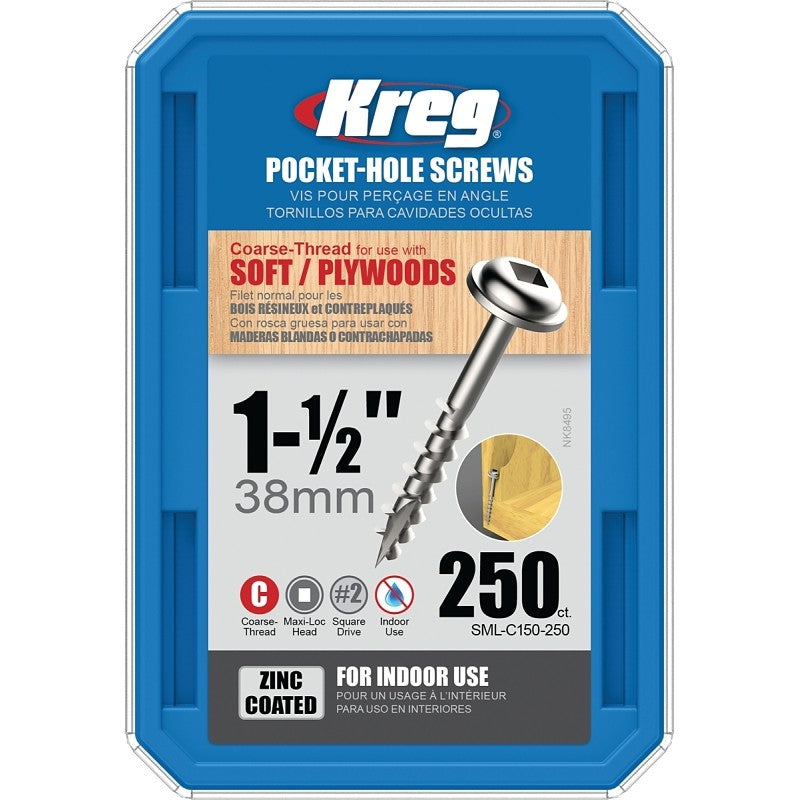 Kreg SML-C150-250 Pocket-Hole Screw, #8 Thread, 1-1/2 in L, Coarse Thread, Square Drive, Carbon Steel, 250/PK