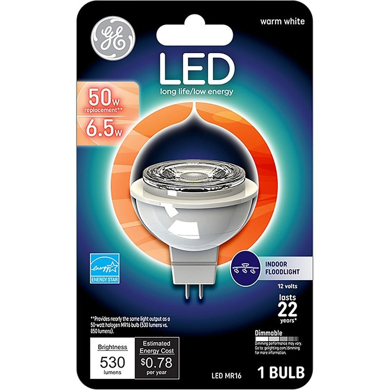 GE 93095551 LED Bulb, Track/Recessed, 500 Lumens, 7 W, MR16 Lamp, 50 W Equivalent, GU5.3 Lamp Base, Dimmable, Clear