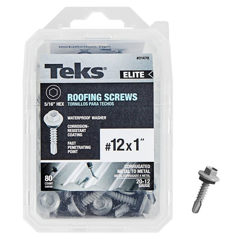 Teks Elite Series 21470 Roofing Screw, 1 in L, Coarse Thread, Washer Head, Hex Drive, Drill Point, Steel, 80