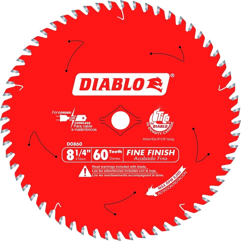 Diablo D0860X Saw Blade, 8-1/4 in Dia, 5/8 in Arbor, 60-Teeth, Carbide Cutting Edge