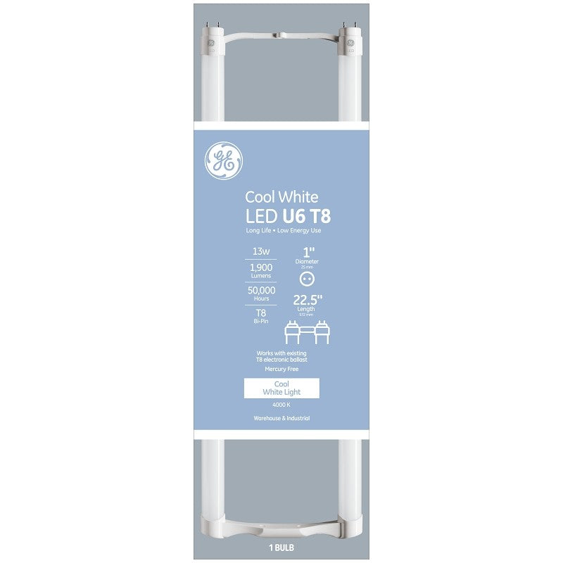 GE 93095867 LED Tube Light Bulb, Specialty, T8 Lamp, Bi-Pin Lamp Base, Clear, Cool White Light, 4000 K Color Temp (Pack of 6)
