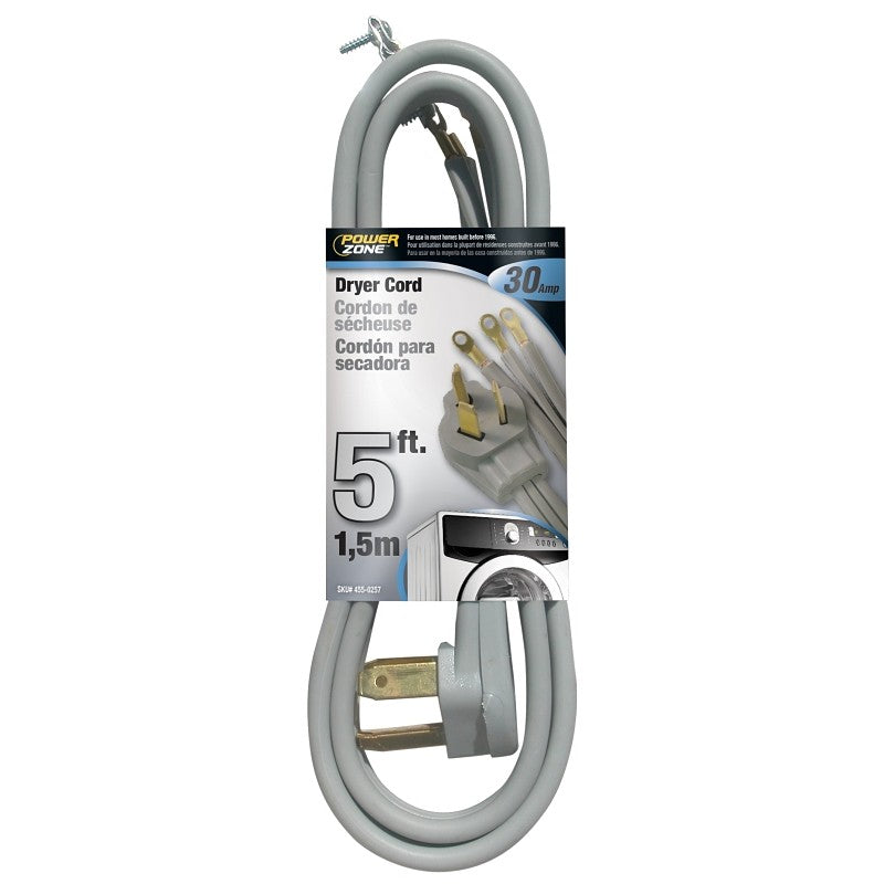 PowerZone ORD100305 Power Supply Dryer Cord, 10 AWG Cable, 5 ft L, 250 V, Gray