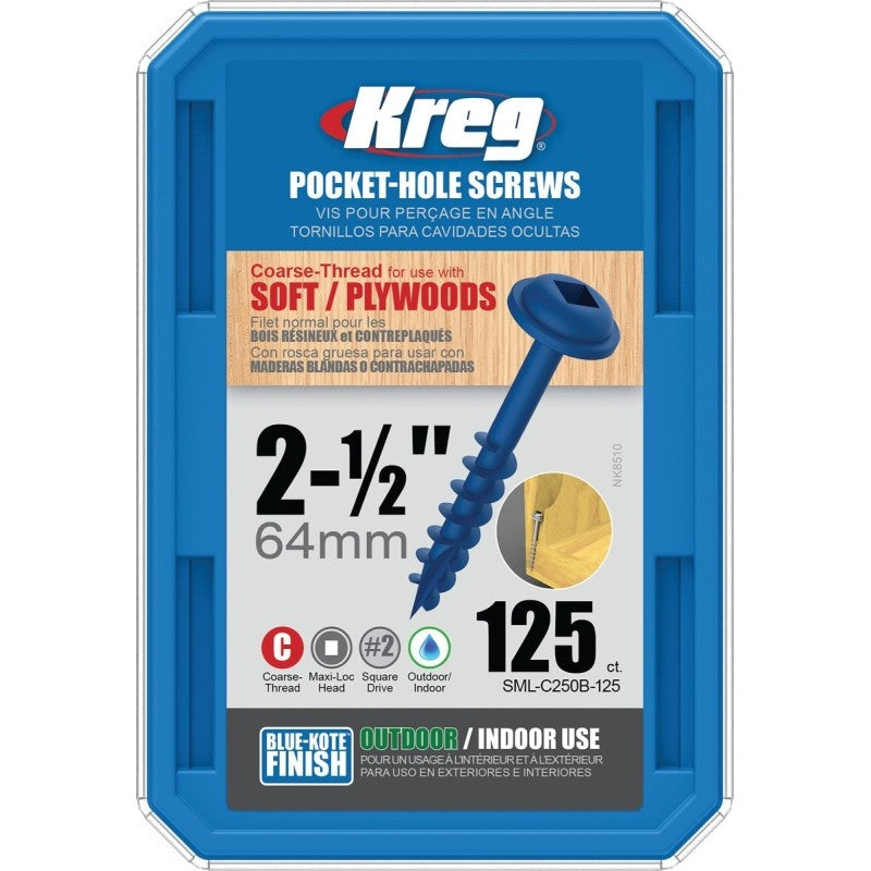 Kreg Blue-Kote SML-C250B-125 Pocket-Hole Screw, #8 Thread, Coarse Thread, Square Drive, Carbon Steel, 125/PK