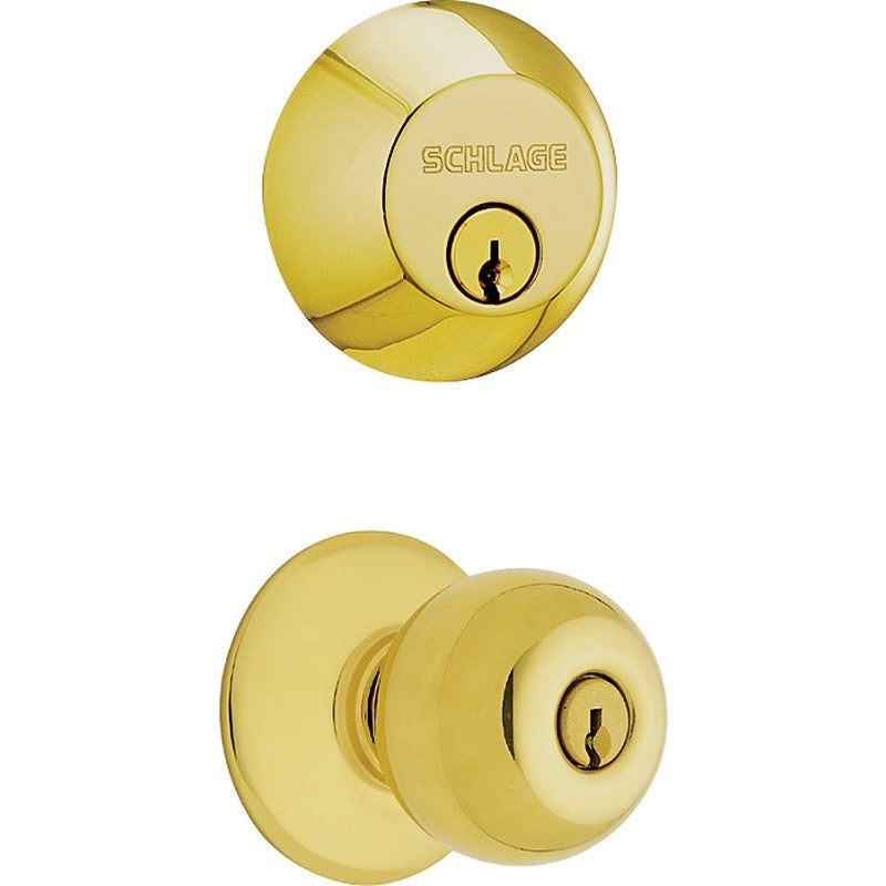Schlage FB50NVPLY505 Knob Lockset, Mechanical Lock, Knob Handle, Round Design, Bright Brass, Yes, 1 Grade, Metal