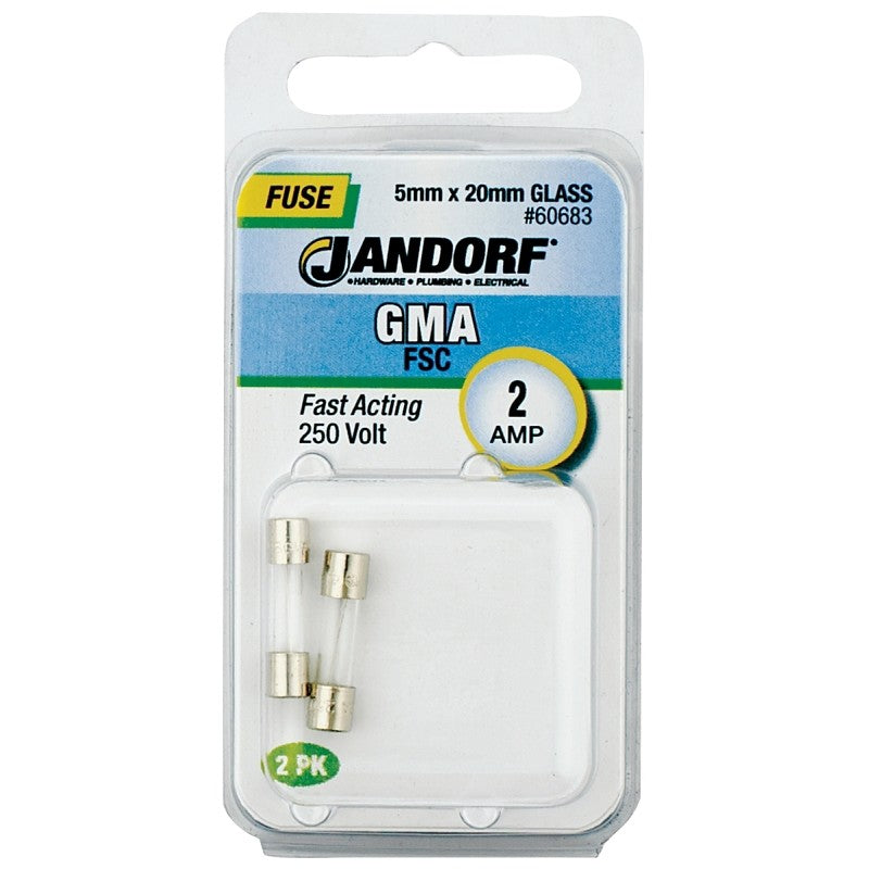 Jandorf 60683 Series Fast Acting Fuse, 0.06 Ohm, 2 A, 250 V, 100 A, 10 kA Interrupt, Glass Body
