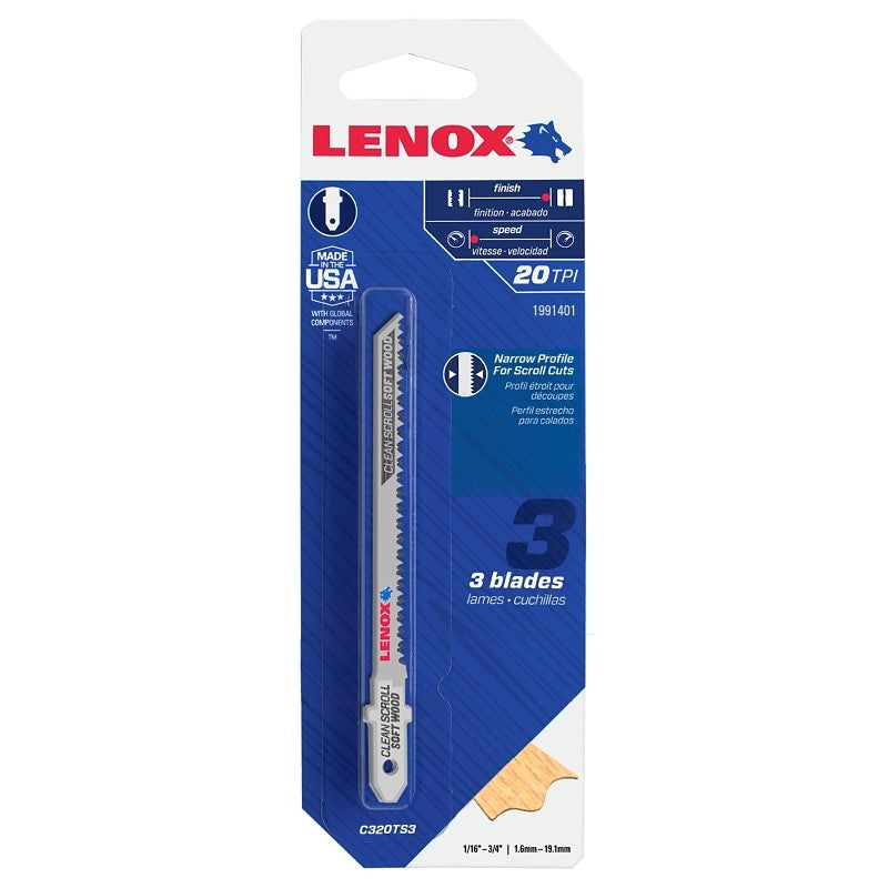 Lenox 1991401 Jig Saw Blade, 7/32 in W, 20 TPI, 3/PK