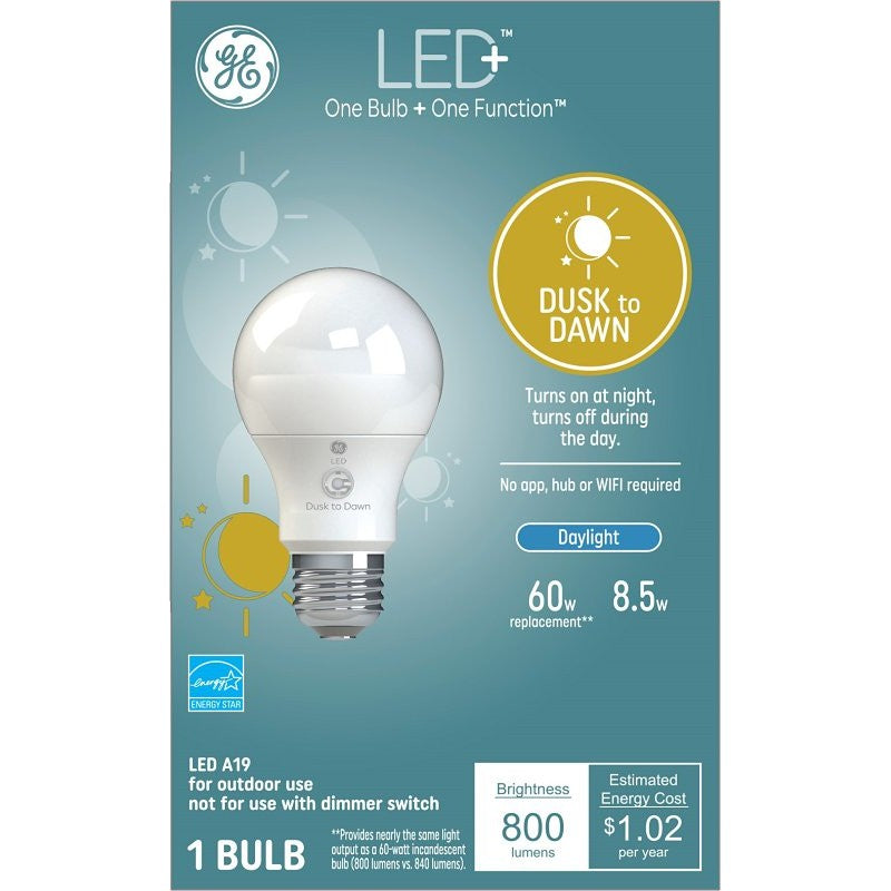 GE LED+ 93121487 Dusk To Dawn Light Bulb, General-Purpose, A19 Lamp, 60 W Equivalent, Medium (E26) Lamp Base