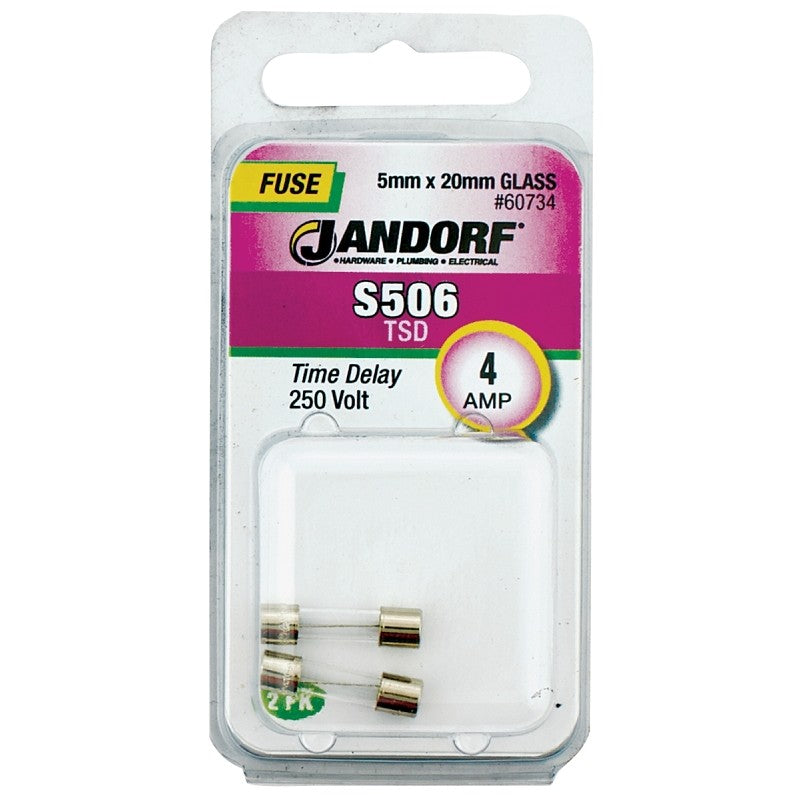 Jandorf 60734 Series Time Delay Fuse, 0.007 Ohm, 4 A, 250 V, 40 A Interrupt, Glass Body