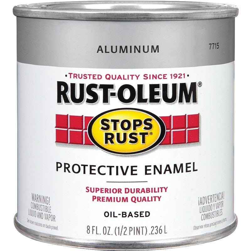 Rust-Oleum Stops Rust 7715730 Enamel Paint, Oil, Metallic, Aluminum, 0.5 pt, Can, 80 to 120 sq-ft/qt Coverage Area