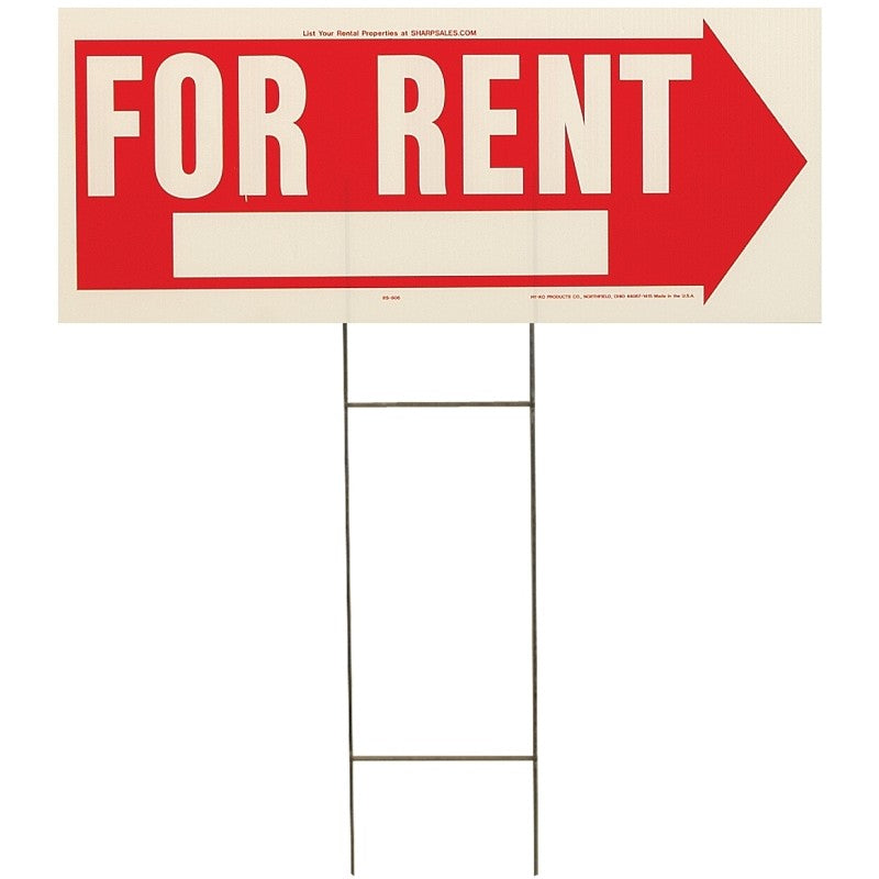 Hy-Ko RS-806 Lawn Sign, Rectangular, FOR RENT, White Legend, Red Background, Plastic, 9-1/2 in W x 24 in H Dimensions (Pack of 5)