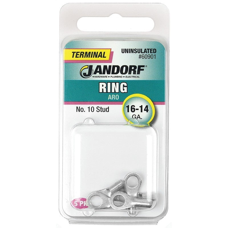 Jandorf 60901 Ring Terminal, 16 to 14 AWG Wire, #10 Stud, Copper Contact