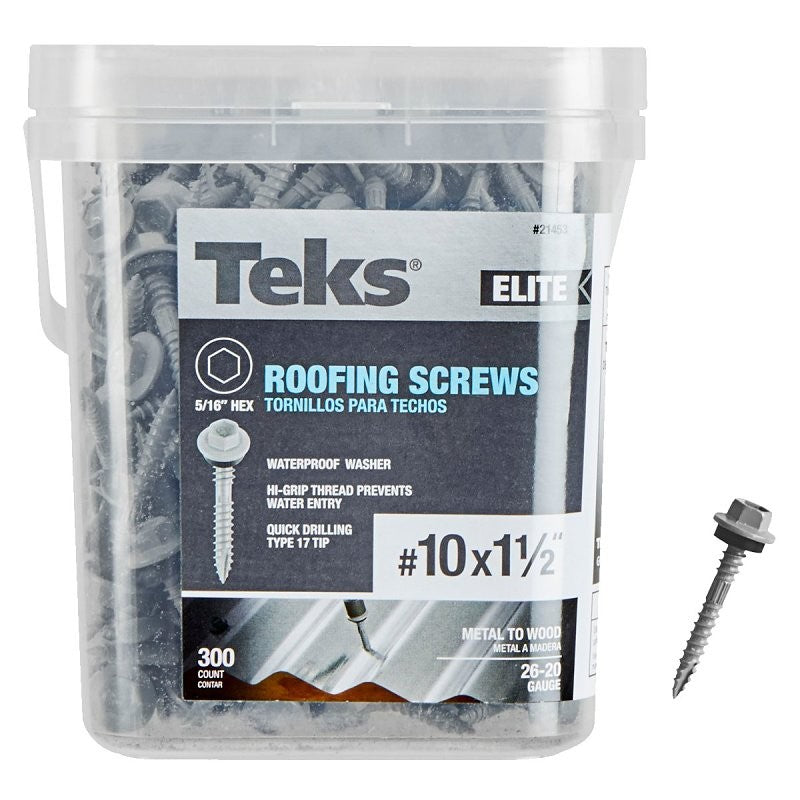 Teks Elite Series 21453 Roofing Screw, 1-1/2 in L, Coarse Thread, Washer Head, Hex Drive, Sharp Point, Steel, 300