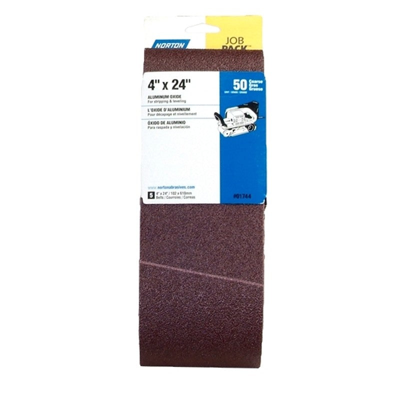 Norton 01744 Sanding Belt, 4 in W, 24 in L, Aluminum Oxide Abrasive, 50 Grit, Coarse