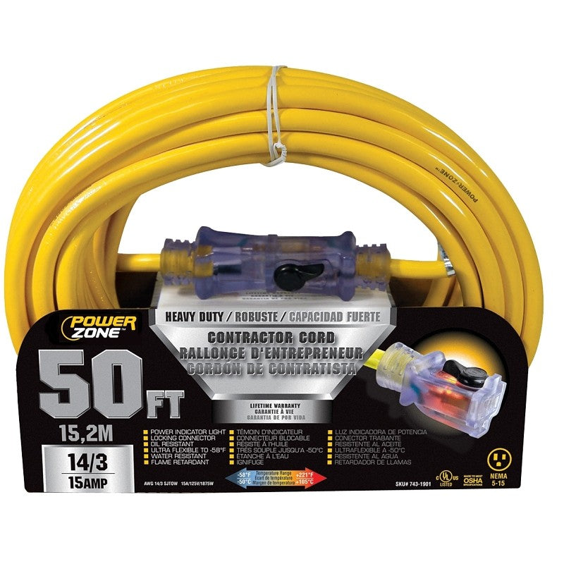 PowerZone ORP511730 Contractor Cord, 14 AWG Cable, 50 ft L, 15 A, 125 V, Yellow