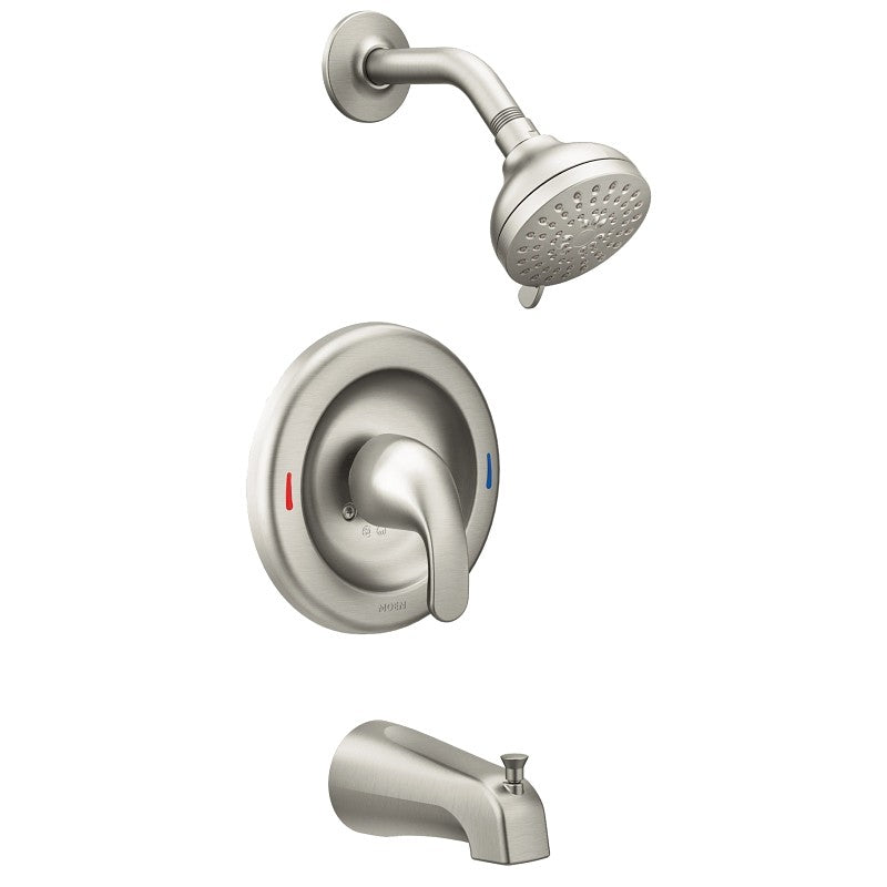 Moen Adler 82603SRN Tub and Shower Faucet, Multi-Function Showerhead, 1.75 gpm Showerhead, 4 Spray Settings, Metal