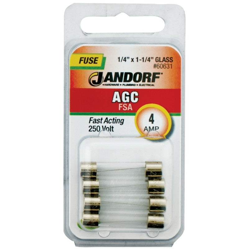 Jandorf 60631 Fast Acting Fuse, 4 A, 250 V, 200 A, 10 kA Interrupt, Glass Body